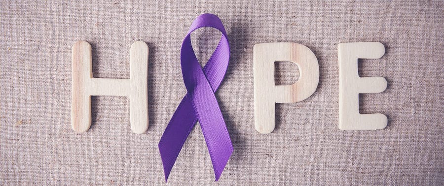 Purple ribbon with HOPE wooden letter toning Alzheimer's disease Pancreatic cancer Epilepsy awareness Hodgkin's Lymphoma awareness