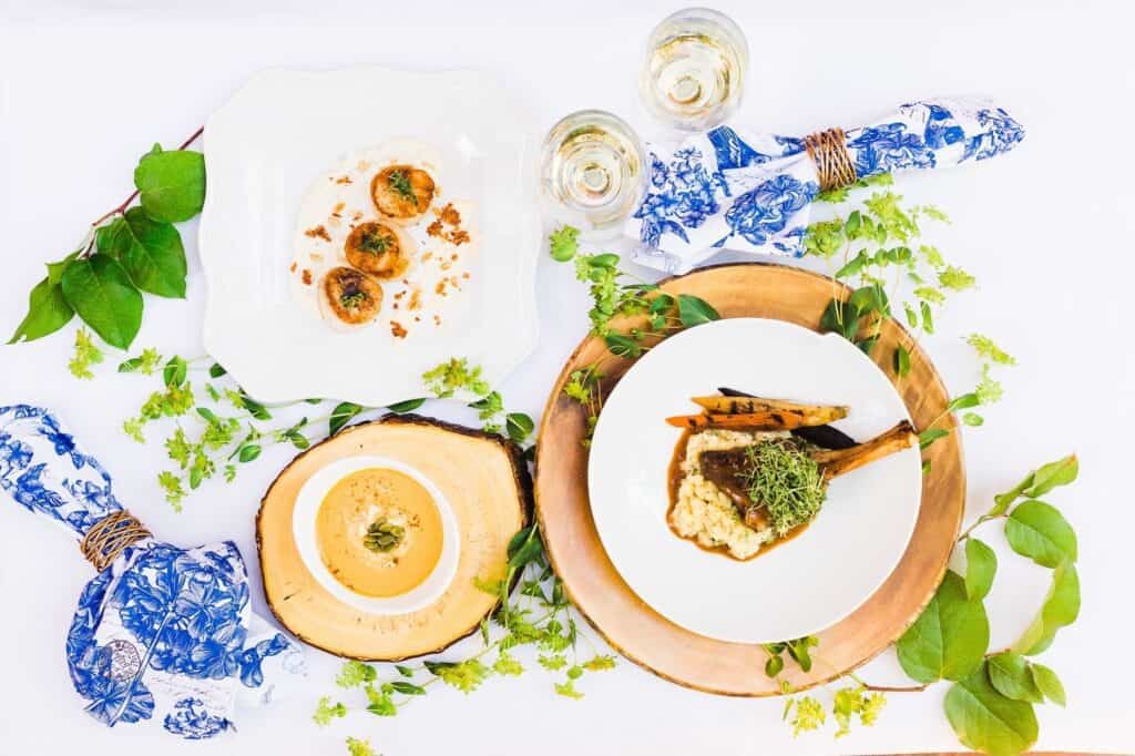 pork chop entree, scallops, and soup