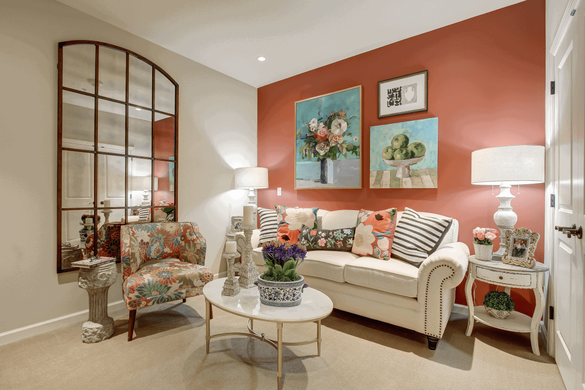 living room with red wall