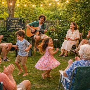 Summer,Concert,At,A,Backyard,With,Three,Generations,And,One