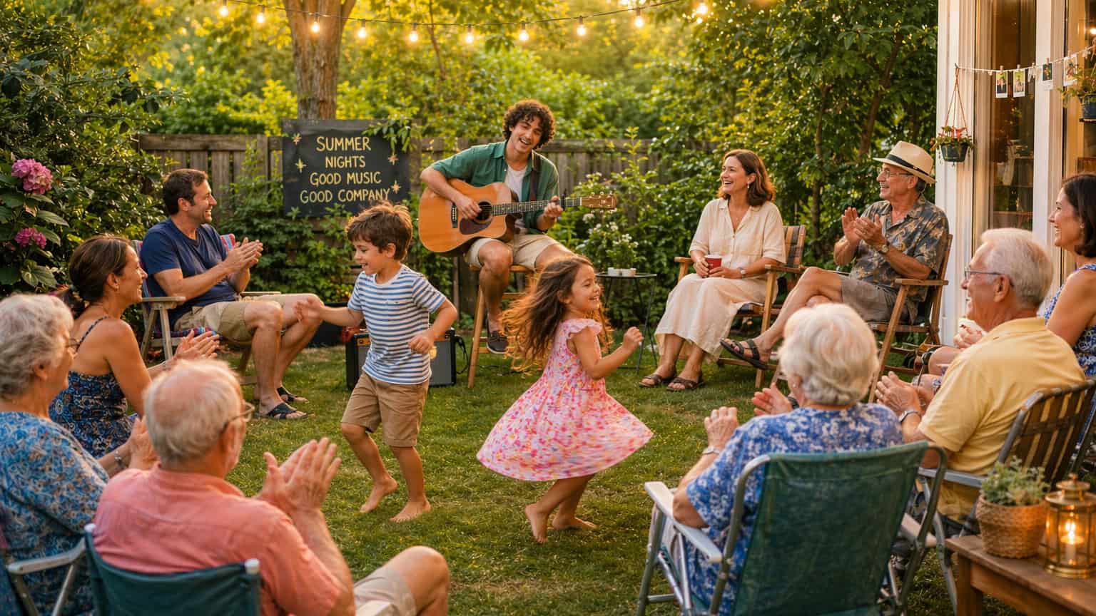 Summer,Concert,At,A,Backyard,With,Three,Generations,And,One